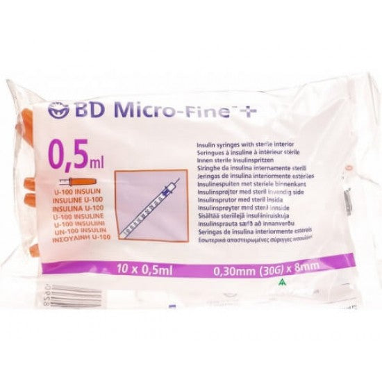 BD Micro-Fine Plus U100 0.5ml Syringe 0.30mm (30G) x 8mm - Pack of 10 (Ref: 324825)