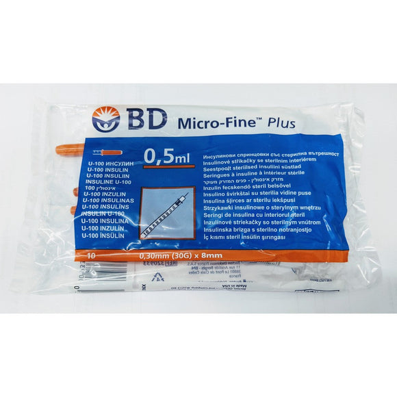 BD Micro-Fine Plus U100 1ml Syringe 0.30mm (30G) x 8mm - Pack of 10 (Ref: 320935)