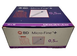 BD Micro-Fine Plus U100 0.5ml Syringe 0.30mm (30G) x 8mm - Box of 100 (Ref: 324825)