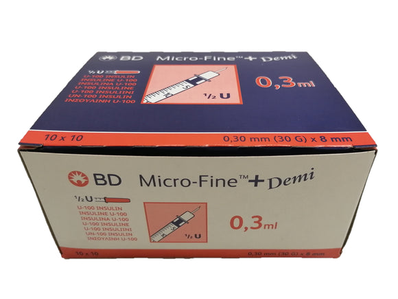 BD Micro-Fine Demi U100 0.3ml Syringe 0.30mm (30G) x 8mm - Box of 100 (Ref: 324826)