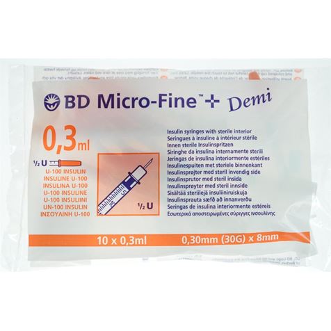 BD Micro-Fine Demi U100 0.3ml Syringe 0.30mm (30G) x 8mm - Pack of 10 (Ref: 324826)