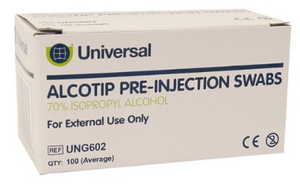 Universal Alcotip Pre-Injection Swabs 70% Isopropyl Alcohol - Box of 100 (Ref: UNG602)