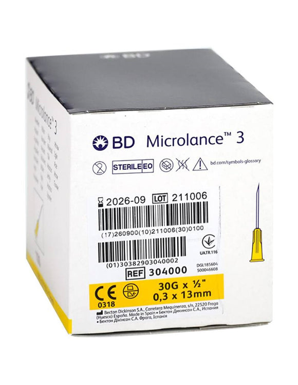 BD Microlance Needles Yellow 30g x 0.5 inch - Box of 100 (Ref: 304000)
